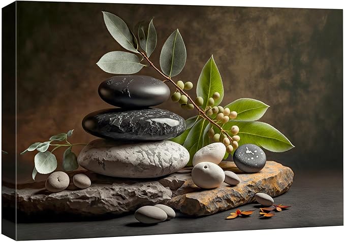 wall26 Canvas Print Wall Art Zen Massage Stone Pebble Bamboo Leaf Nature Wilderness Photography Realism Modern Art Decorative Multicolor Rustic Minimal Relax/Calm/Cozy Colorful for Bedroom - 32"x48"