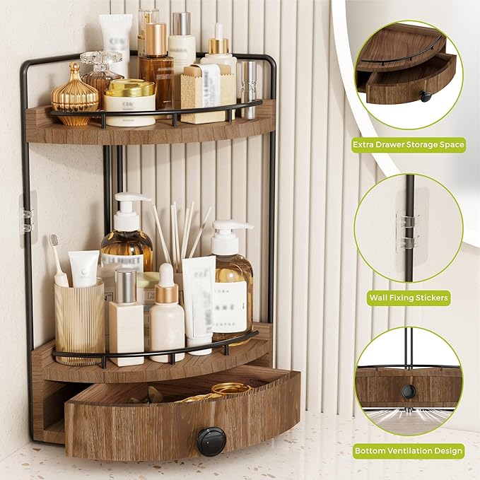 2-Tier Corner Bathroom Countertop Organizer with Drawer, Wooden Vanity Organizers for Makeup and Skincare Storage, Corner Counter Shelf with Embedded Screw Holes, Dark Brown