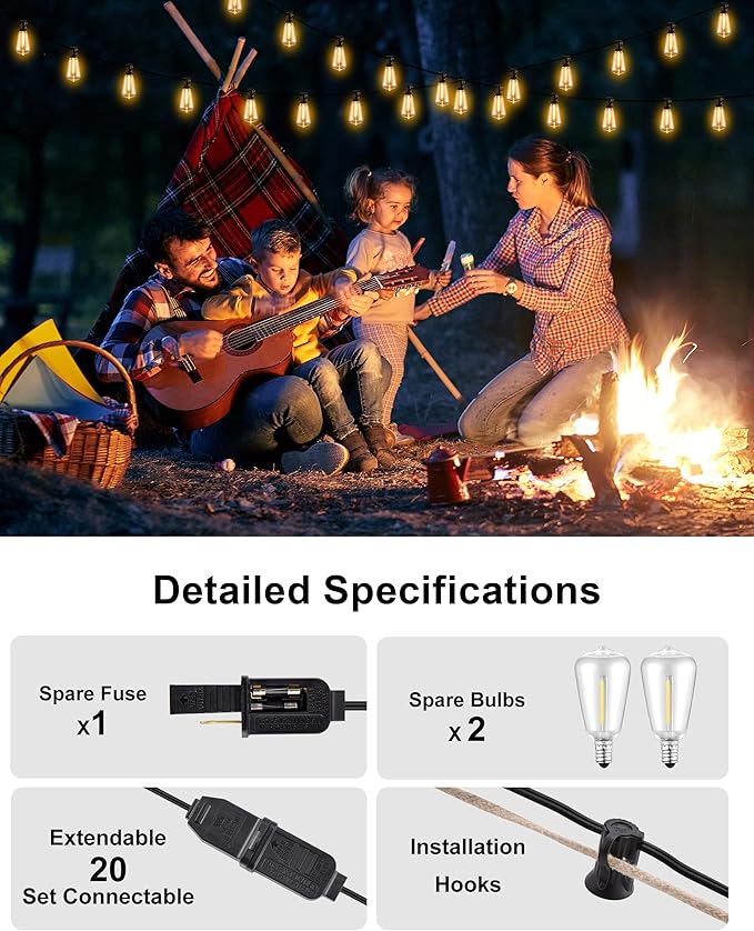 Patio String Lights Plug in 50FT LED Outdoor String Lights with IP65 Waterproof 27 Bulbs, Connectable Dimmable Edison ST38 Outside Lights for Garden, Yard, Porch, Backyard, Deck, Home Decor