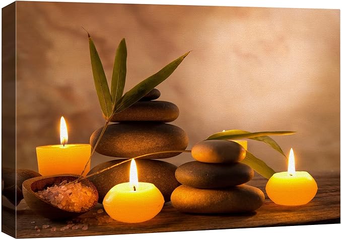 wall26 Canvas Print Wall Art Candles with Massage Stones in Romantic Brown Atmosphere Floral Nature Photography Realism Bohemian Scenic Cool for Living Room, Bedroom, Bathroom, Office - 24"x36"