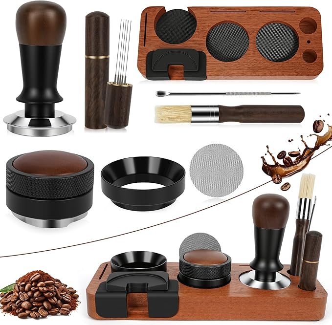 8 PCS Espresso Accessories Kit, 54mm Espresso Tamper Kit Coffee Tamper Set with Coffee Distributor, Espresso Tamping Station, Espresso WDT Stirrer, Puck Screen,Dosing Funnel