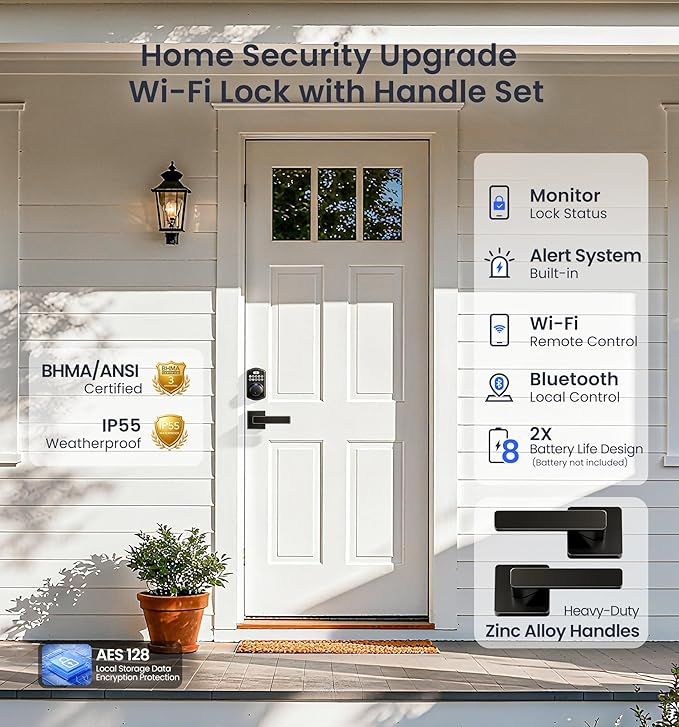 Veise VE012W-L Built-in Wi-Fi Fingerprint Smart Lock with Lever Handle Set, App Remote Control, Keyless Entry for Front Door, Deadbolt Digital Backlit Keypad, Voice Assistant, Auto Lock, Matte Black