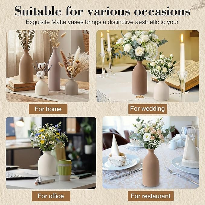 Dandat Beige Ceramic Vase Set of 4, Modern Decorative Ceramic Vases Rustic Pottery Centerpiece Table Decor for Farmhouse Bouquet Pampas Grass Dried Fresh Flowers, Living Room, Kitchen, Bedroom