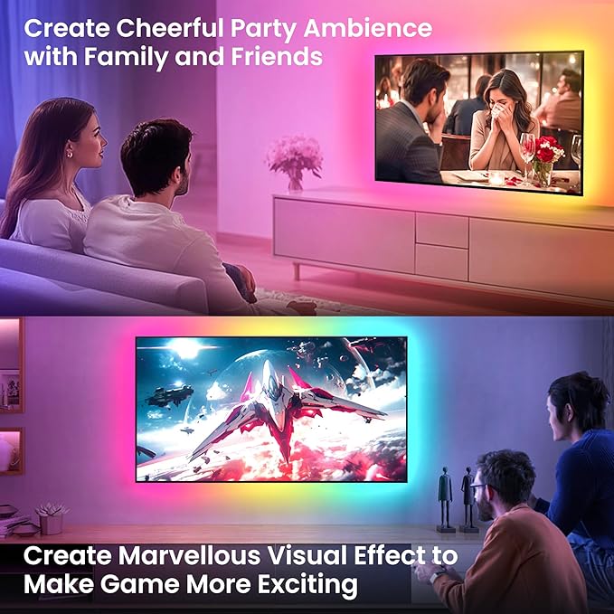 16.4ft LED Lights for 50-75 Inch TV, RGB+IC TV Lights Backlight Strip Behind, with 44 Scene Modes, Bluetooth APP and Voice Control, Music Sync Smart Ambient Lighting for Gaming, Bedroom, Living Room