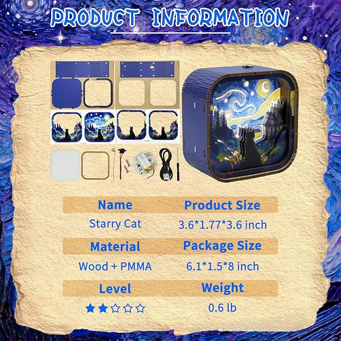 3D Wooden Puzzle Night Light DIY LED Art Lamp Kit for Adults Desk Decor Relaxing Craft Project Table Ornament and Unique Gift (Starry Cat)