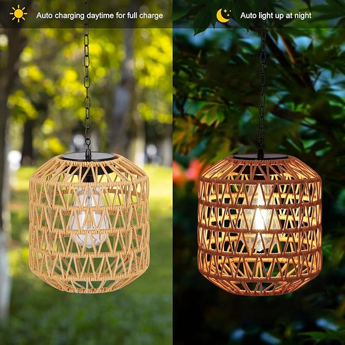 Livinlarge Solar Pendant Light Outdoor,Chandelier Hanging Lantern with Edison Bulb,Boho Solar Powered Lamps IP44 Waterproof for Gazebo Tree Porch Yard Porch Patio Garden Backyard Decorative