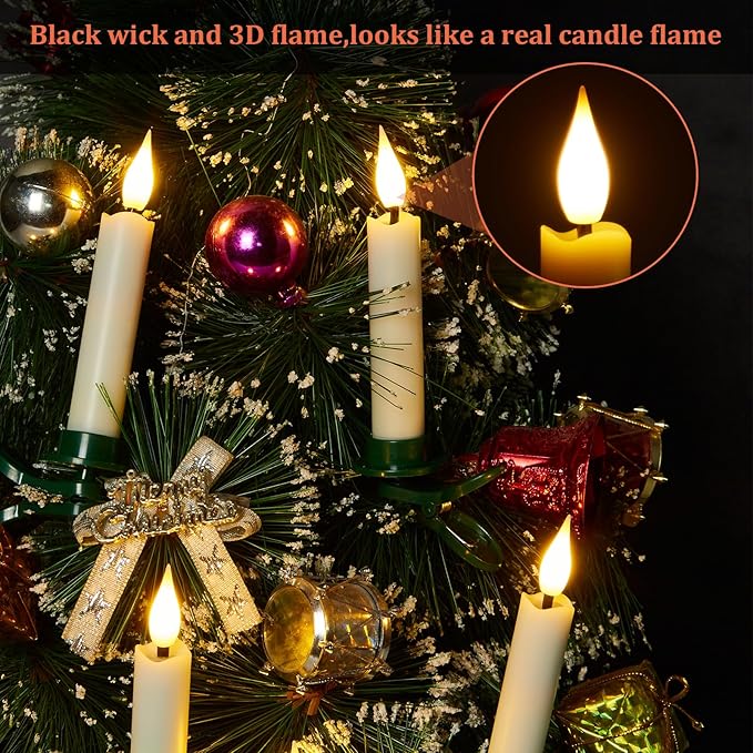 IMAGE 12Pcs LED Taper Candles Light Set Flameless 3D Wick Ivory Candles with Clip-on Christmas Tree Design, 10-Key Remote with Timer, Warm White Light, Battery Operated for Versatile Decoration