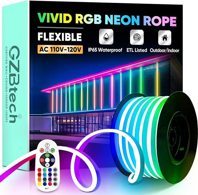 GZBtech RGB LED Neon Rope Lights 33FT/10M, AC 110-120V Waterproof Color Changing LED Rope with Remote Control, Dimmable Multi Color Strip Lighting for Indoor Outdoor Commercial Use, ETL Listed