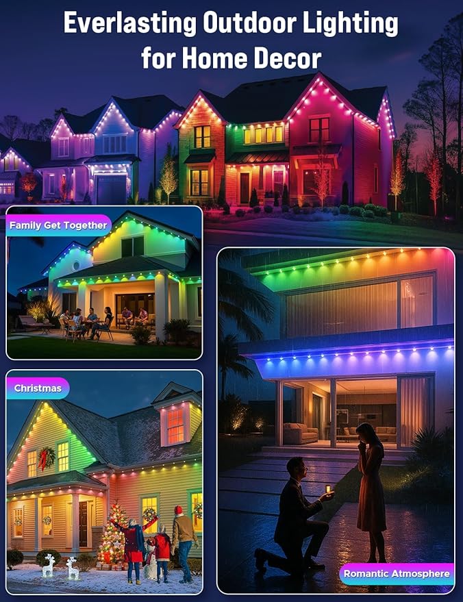 EcoNour 150 FT RGB Smart Permanent Outdoor Lights | Waterproof LED Eaves Lights with App & Remote Control | Colorful RGB Light with Music Sync | Smart Outdoor LED Christmas Light with Festive Effects