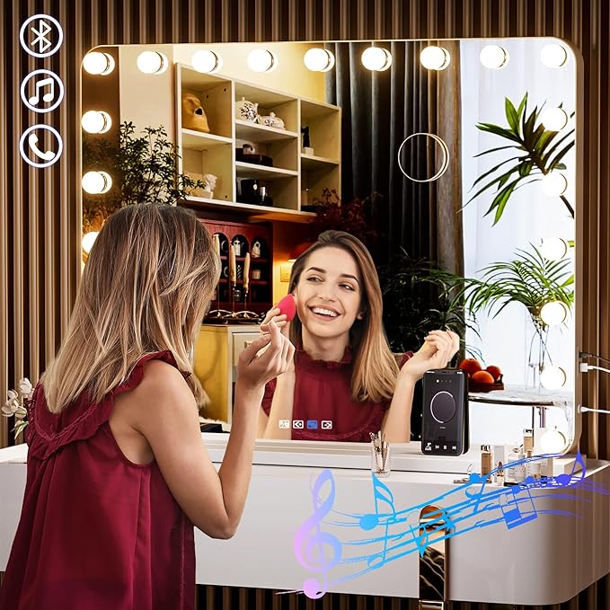 Hasipu Vanity Mirror with Lights and Bluetooth Speaker, 39.4" x 28.7" Hollywood Makeup Mirror with 21 Dimmable Bulbs and 10X Magnification, 3 Colors Modes, USB Charging Port, Type-C (White)