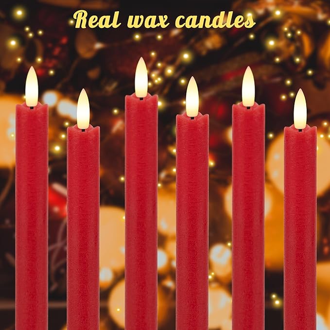 Red Flameless Taper Candles with Rmote, 9.6" Real Wax Battery Operated Candles with 3D Wick, 3 Pack Christmas Led Candlesticks for Table, Home, Wedding, Party, Xmas Decor