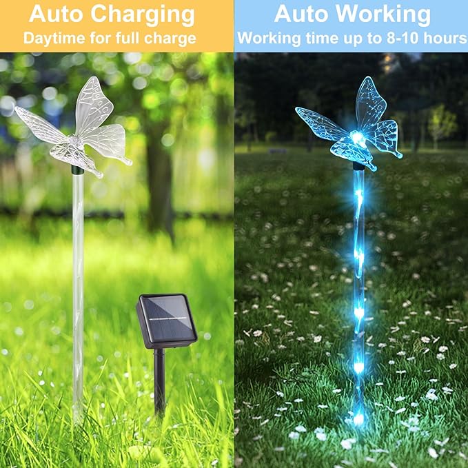 Set of 6 Arcylic Solar Lights for Outside, Solar Powered Garden Decorations with 8 Lighting Modes, Outdoor Waterproof Pathway Lights for Yard, Patio Plant Pot, Flower Bed (Butterfly)