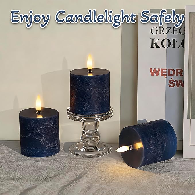 Navy Blue Flameless Candles with Remote and Timer, 3"x3" Real Wax Battery Operated Pillar Candles with 3D Flickering Flame, Set of 3