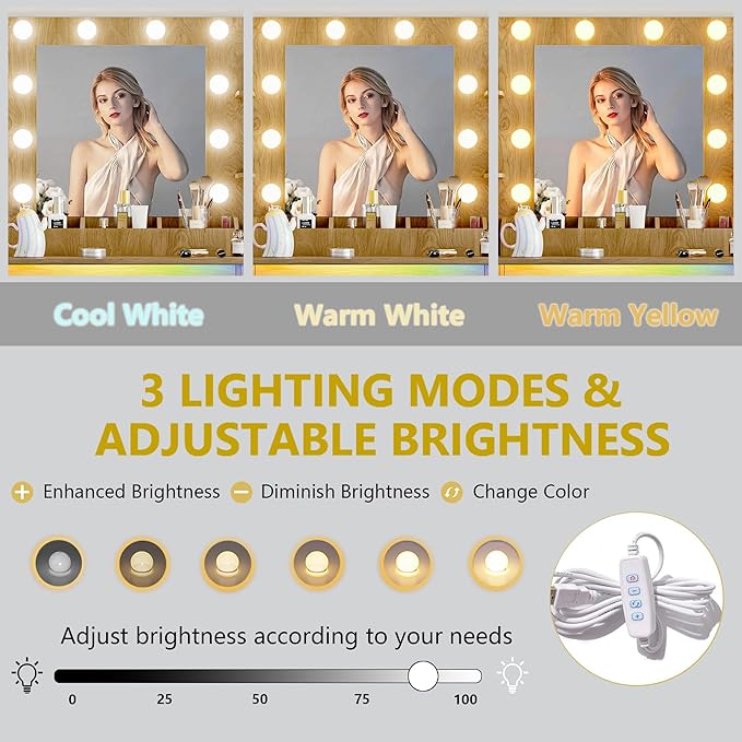 Vanity Desk with Mirror and Lights, 43'' Makeup Dressing Table Set with 5 Drawers & Power Outlet, 3 Lighting Modes Brightness Adjustable, Vanity with RGB Ambient Light for Women Girls Bedroom, Oak