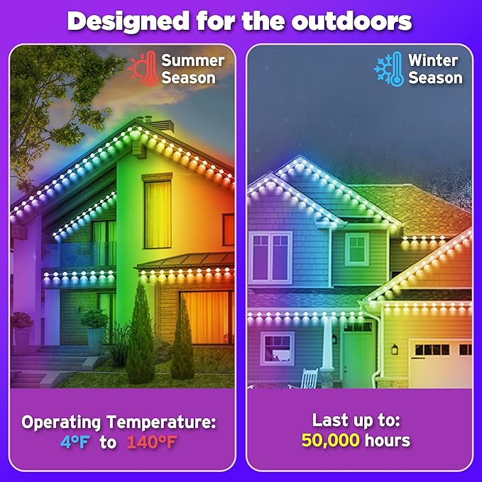 permanent outdoor lights 100FT Smart RGB Outdoor Lights - IP67 Waterproof LED Strip Lights with App/Remote Control, for Holiday Decor, Garden, Patio & Home Accent Lighting (Permanent Installation)