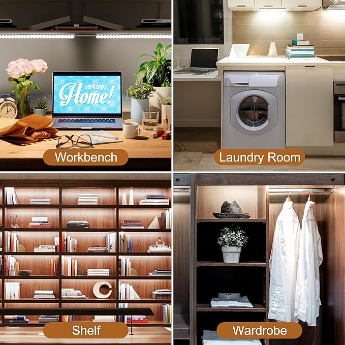 JUSJUBR Under Cabinet Lights Plug-in, 4 Pack x 12inch LED Under Cabinet Lighting, Dimmable Plug-in Light Bar for Desk, Under Kitchen Counter LED Lights with Memory Function, Cold White 6500K