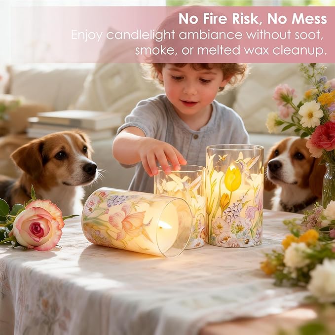Flameless Candles with Remote, Battery Operated Glass Candles Hummingbird Flickering LED Electric Pillar Candles Real Wax Floral Christmas Decor Set of 3