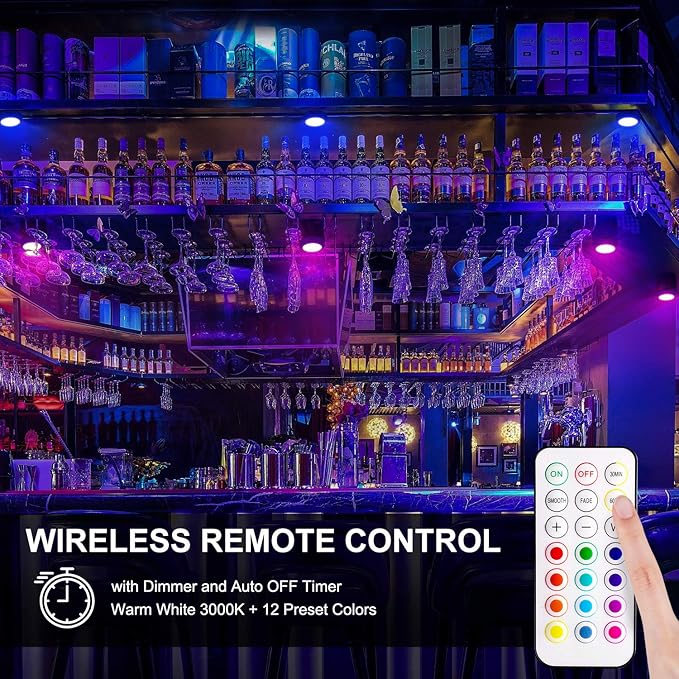 Alivation Puck Lights with Remote Control, LED Under Cabinet Lighting Wireless, LED Light Battery Operated, Tap Battery Powered, Stick on Push Lights for Closet, Kitchen, Wall, Counter (Black)