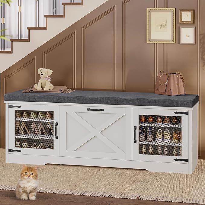 Farmhouse Storage Bench with Flip Drawers & Padded Seat Cushion, Half Hidden Shoe Rack Organizer, Adjustable Shelf Shoe Cabinet for Entryway, Bedroom, Living Room (White, 57IN)
