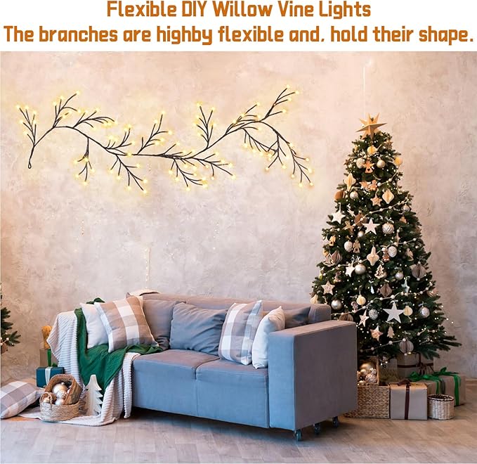 96 LED Willow Vine Lights 6FT Enchanted Wall Decoration Vine Lights 8 Modes for Home Indoor Wall Decoration (Warm White)