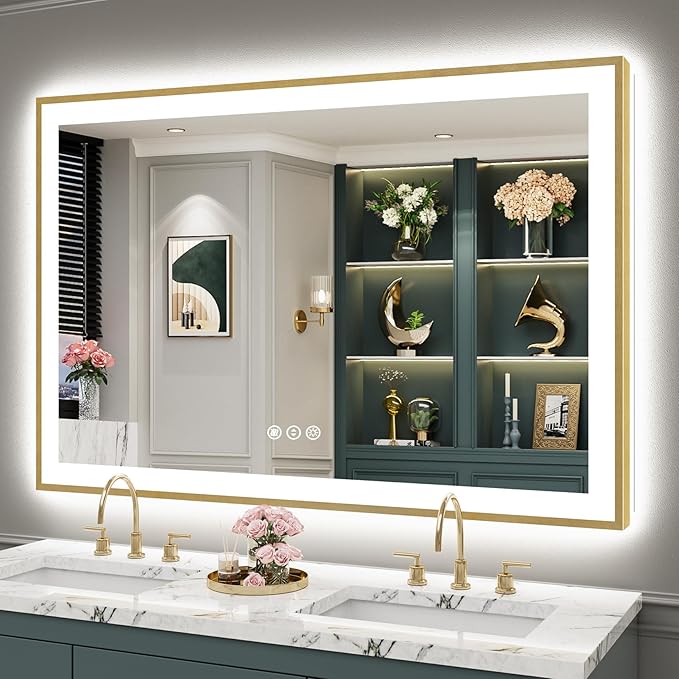 55x36 Gold LED Bathroom Mirror with Lights, Brushed Gold Framed Backlit and Front Lit Anti-Fog Lighted Vanity Mirrors for Bathroom Wall, Dimmable, 3 Colors, Memory, HD Tempered Glass, CRI＞90