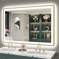 55x36 Gold LED Bathroom Mirror with Lights, Brushed Gold Framed Backlit and Front Lit Anti-Fog Lighted Vanity Mirrors for Bathroom Wall, Dimmable, 3 Colors, Memory, HD Tempered Glass, CRI＞90