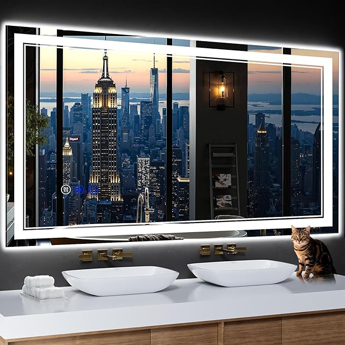 55"x30" LED Bathroom Mirror with Anti-Fog, Stepless Dimmable Lights, 3 Color Modes, Shatter-Proof Tempered Glass,Waterproof Design