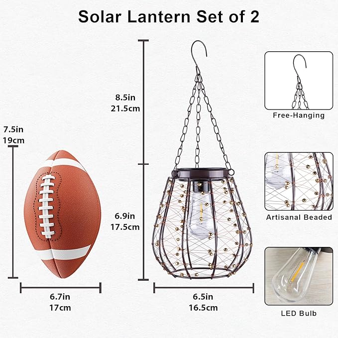 Hanging Solar Lantern Lights, Solar Chandelier Outdoor Waterproof Vintage Copper Outdoor Hanging Lights for Outside Gazebo, Pergola, Porch, Yard, Garden, Pathway, Decor, 2 Pack- ALL FORTUNE