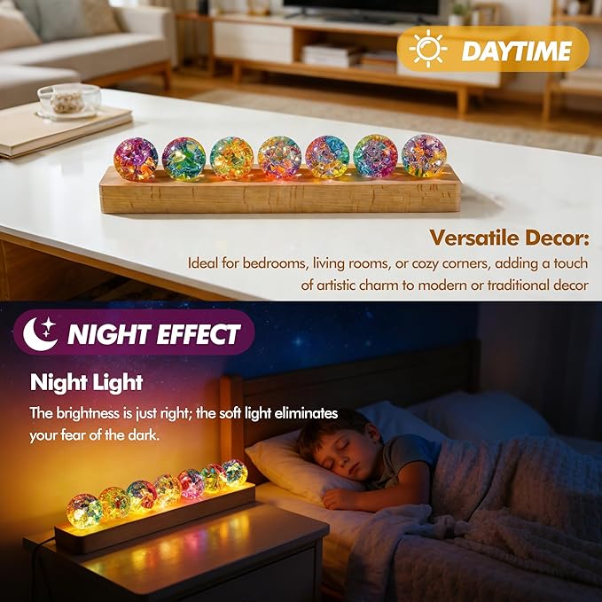 Set of 7 Crystal Balls Night Light Decor Healing Spheres with LED Wooden Stand for Meditation Energy Balancing Home Office Decoration Valentines Gifts for Women