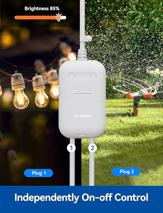 ELEGRP Outdoor Smart Dimmer Plug Waterproof IP66, Smart WiFi Plug with 2 Individually Sockets, Compatible with Alexa & Google Assistant, Outdoor Dimmer for String Lights, UL Listed, 1 Pack, Grey