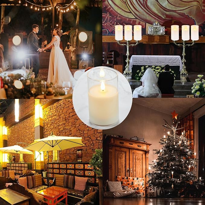 Flickering Flameless Candles, Battery Operated Candles with 3D Wick, Last 1000+ Hours LED Candle with Remote and Timer, Rechargeable Candle Real Wax White Glass, Home Decor 3" x 6"