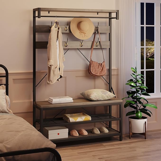 IDEALHOUSE Coat Rack Shoe Bench Industrial Hall Tree Storage Bench for Entryway Wood Look Accent Large Shoe Rack with Storage Shelf Hanging Bar,8 Hooks Grey 39.9"x15.7"x72"