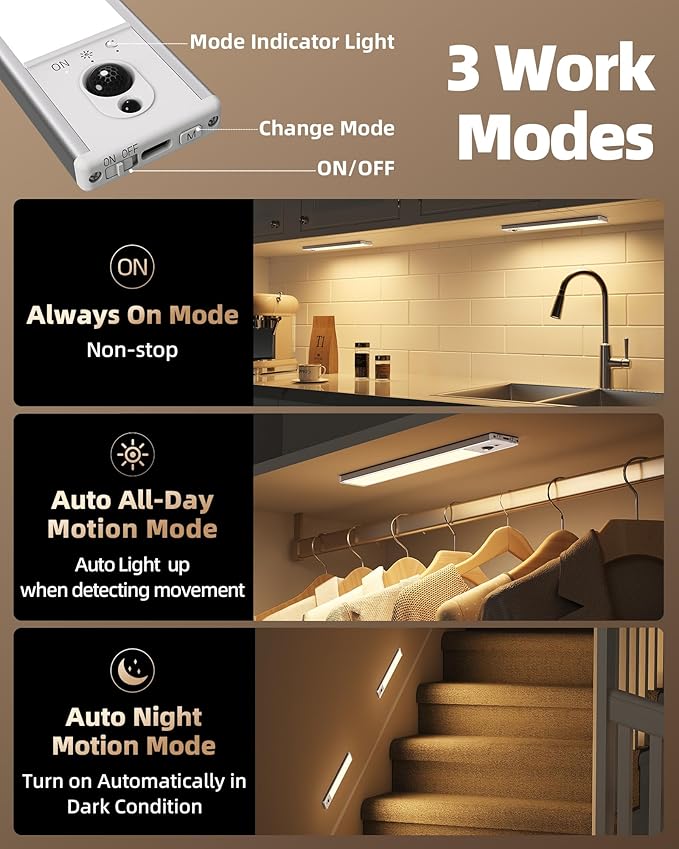 EZVALO Under Cabinet Lighting with Charging Station, Rechargeable Motion Sensor Light Indoor, Dimmable Closet Lights Wireless, 3000K, Motion Activated Under Counter Lights for Kitchen,Pantry(3 Pcs)