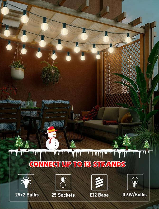 25ft Outdoor Christmas LED String Lights,G40 Frosted White Globe Lights with 27pcs Plastic Bulbs,Round Bulb Christmas Lights for Indoor/Outdoor Wedding Backyard Cafe Garden Xmas Decor