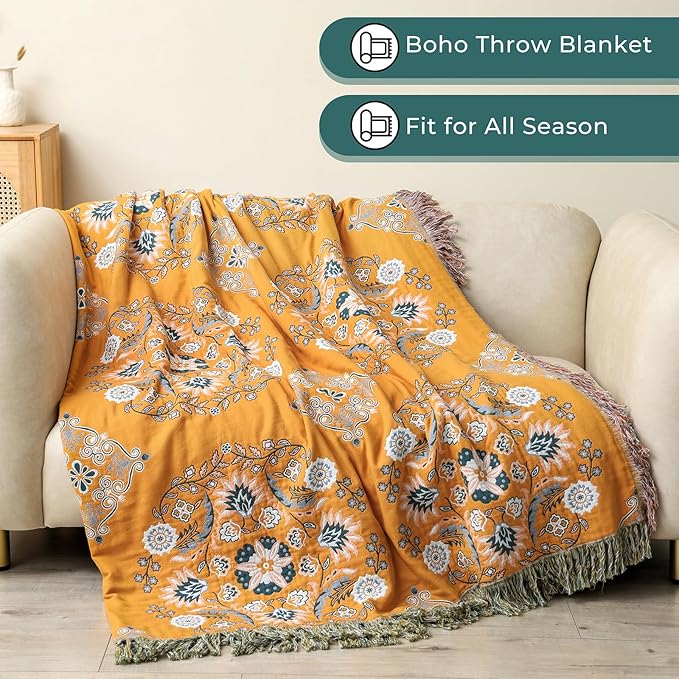 Boho Throw Blanket for Bed,100% Cotton Ultra Soft Lightweight Muslin 4-Layer Breathable Woven Throws 90''x 98'' Blanket Yellow Floral Farmhouse Decor Bed Blankets