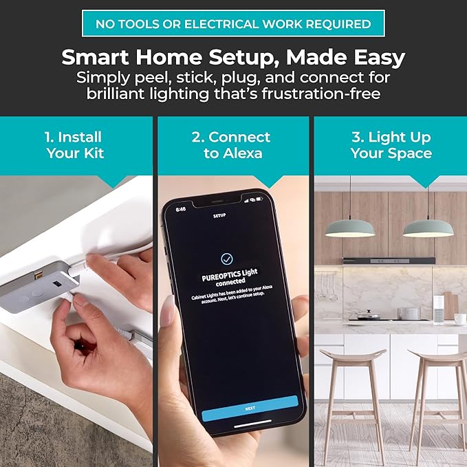 BLACK+DECKER Compatible with Alexa Smart LED Under Cabinet Lighting Kit, Motion Sensor, Dimmable , 3 Color Settings, For Kitchen, Cabinets and Closets, (4) 9" Bars, White, A Device