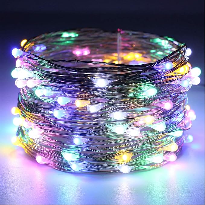 RUICHEN Silver Wire Fairy Lights Plug in 33 Ft 100 LED String with Spool, Multicolor