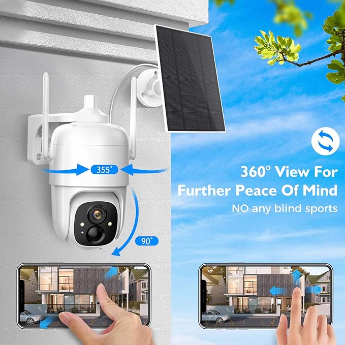 Security Cameras Wireless Outdoor, 2K 3MP Pan Tilt 355° View IP65 Waterproof Rechargeable Battery Powered PTZ WiFi Solar Camera with PIR, Color Night Vision,2-Way Talk,Cloud/SD