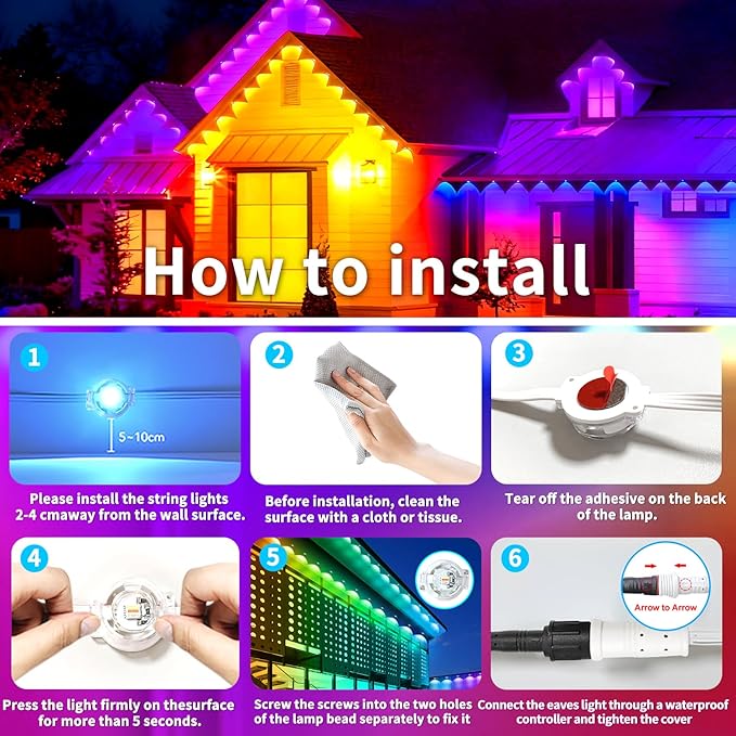Permanent Outdoor Lights 60FT Smart Outside RGB LED Christmas Light, App Control Remote IP67 Waterproof Eternity Eaves Lighting for Halloween，House，Patio Decor ，Garden Decor, Decorations
