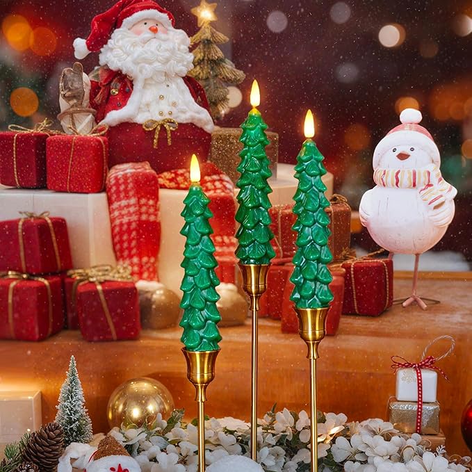 Christmas Tree Taper Candles with Remote & Timer, Flameless Christmas Tree Wax Battery Operated Green Tree LED Candle for Christmas Home Decor (3pcs,7inch)