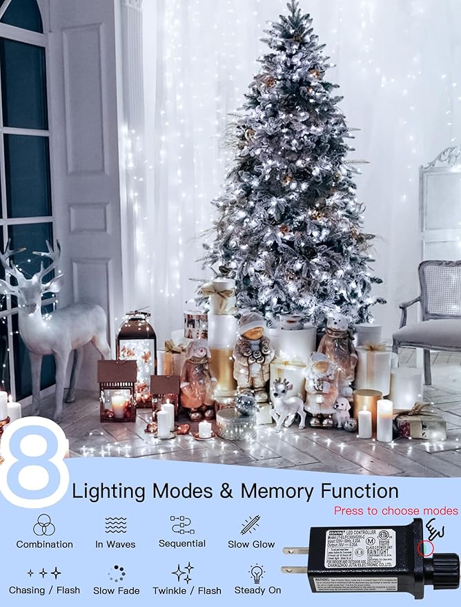 String Lights Indoor Bedroom, 33FT 100 LED Fairy String Lights Outdoor Waterproof, 8 Modes Memory Twinkle Christmas Light Plug in for Classroom Dorm Patio Tree Garden Decor (Cool White)