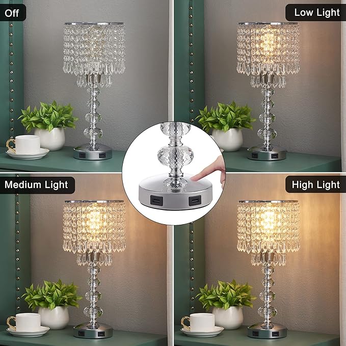 Acaxin Crystal Table Lamps for Bedroom Nightstand - Touch Bedside Lamps with Two USB Charging Ports Silver, 3 Way Dimmable Small Glam Lamp for Girls, Night Stand Lamp for Living Room