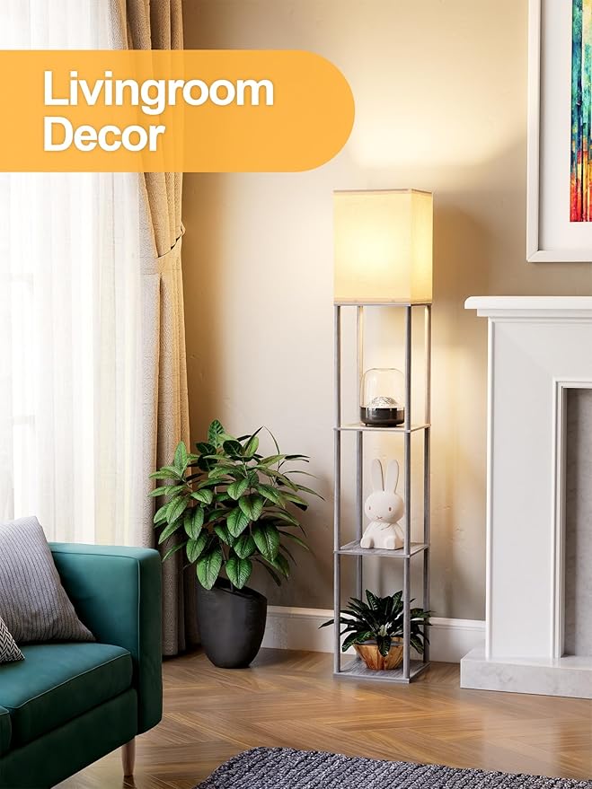 Floor Lamp with Shelves for Living Room, Shelf Floor Lamp with 3 CCT LED Bulb, Corner Display Standing Column Lamp Etagere Organizer Tower Nightstand with White Linen Shade for Bedroom, Dark Gray