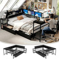 Full Corner Bed Frame with Desk, LED Lights & Charging Ports, L-Shaped Daybed with Storage Drawers, Bookcase & Open Shelves, Modern Full Size Daybed for Kids, Teens & Compact Bedrooms,Black