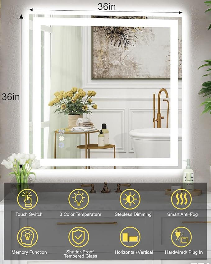36x36 LED Bathroom Mirror with Lights, Super Bright Front & Backlit Vanity Mirror for Wall, Anti-Fog & Memory Smart Mirror, 5mm Shatter-Proof Tempered Glass, ETL Listed, Vertical/Horizontal