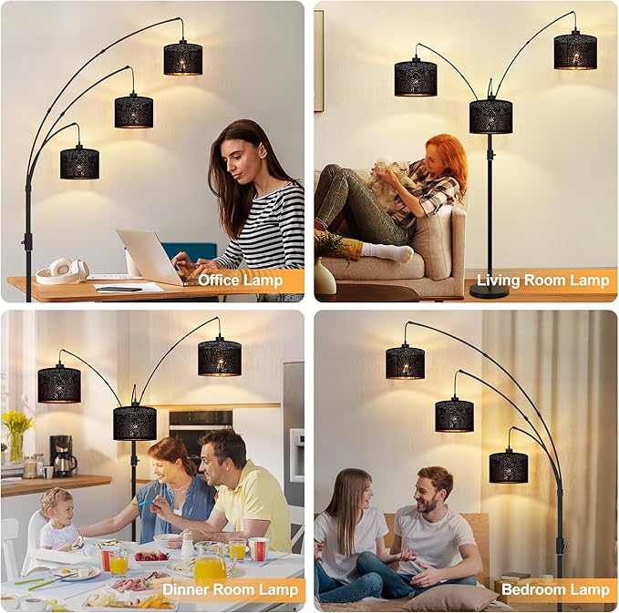 Dimmable Floor Lamp-3 Lights Arc Floor Lamps for Living Room,Modern Tall Standing Lamp With Black Drum Hollow-carved Linen Shades,Gothic Mid Century Tree Floor Lamp for Bedroom Corner,Bulbs Included