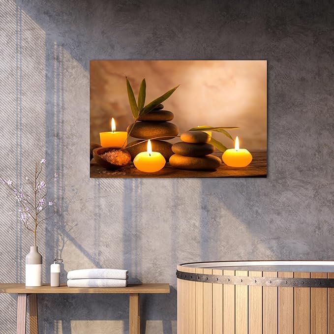 Zen Wall Art Decor, Modern Bathroom Zen Decor Wall Art, Zen Relaxing Canvas Wall Art for Spa Room Decor, Black Pebble and Lighted Candles Zen Art Prints for Office & Spa Wall Decor 18x24 Inches