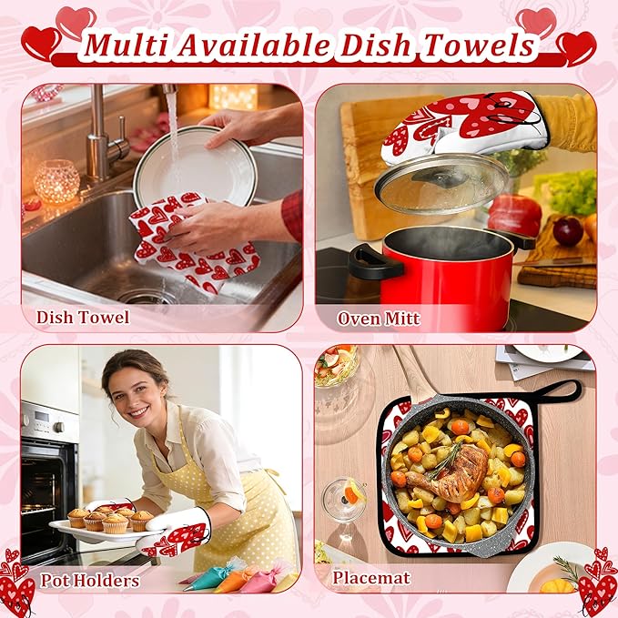 8 Pcs Red Heart Kitchen Decor and Accessories Set 4, Kitchen Dish Towels, Red Love Heart 2 Oven Mitt 2 Pot Holders for Home Decoration Cooking Baking, Mom Daughter Gift Housewarming