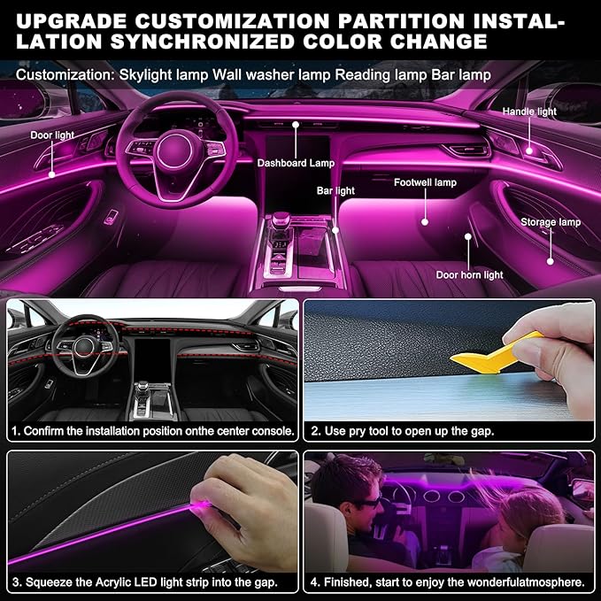 Acrylic Interior Car LED Strip Light with Wireless APP, RGB 14 in 1 with 175 inches 600 LEDs Fiber Optic Car Ambient Lighting Kits, 16 Million Colors Sound Active Function LED Strip for Car