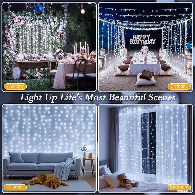 Curtain Lights with Hooks, 200 LED 9.8 x 6.6FT Window String Lights, Plug in Fairy Lights with Remote & Timer, 8 Modes Waterproof Hanging Backdrop Lights for Bedroom, Wedding, Christmas Decor